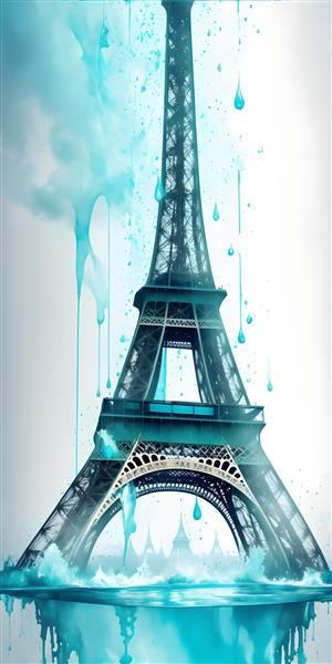 نقاشی دیجیتال فانتزی برج ایفل با پاشش آب آبی