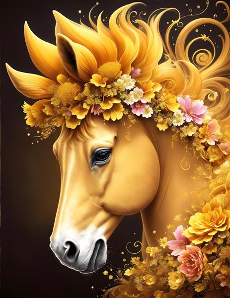 اسب طلایی در یک گلزار رویایی