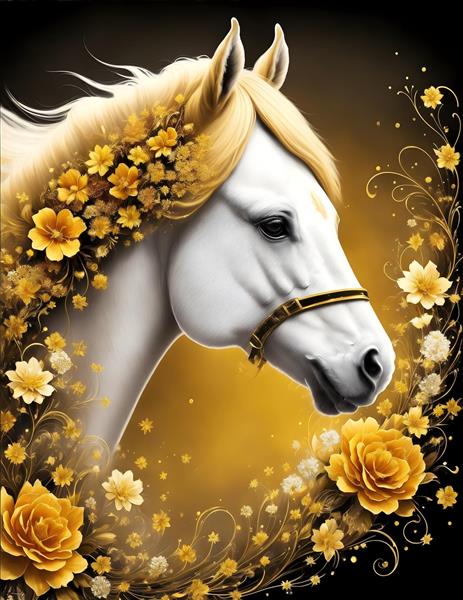 تصویرسازی دیجیتال اسب طلایی در یک باغ گل