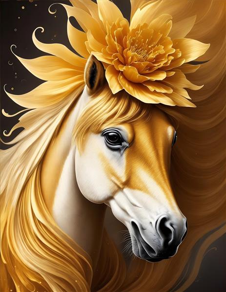 اسب طلایی فانتزی در یک گلزار رنگ روغن