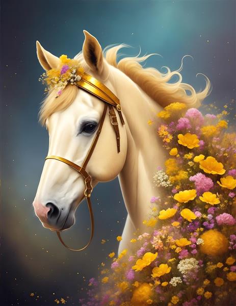 اسب طلایی در حال پرواز در میان گل‌های زیبا