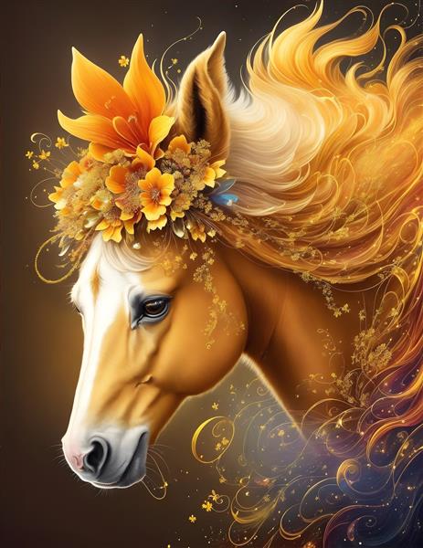 طرح زیبا اسب طلایی در میان گل‌های فانتزی