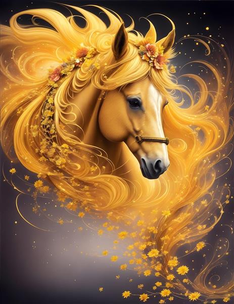 تصویرسازی دیجیتالی اسب طلایی در میان گل‌های زیبا