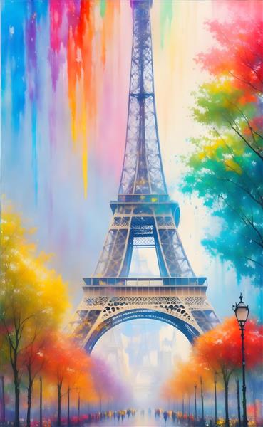 نقاشی آبرنگ رنگارنگ برج ایفل در سبک فانتزی