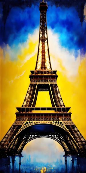 تابلو دکوراتیو برج ایفل در سبک زرد و آبی درخشان