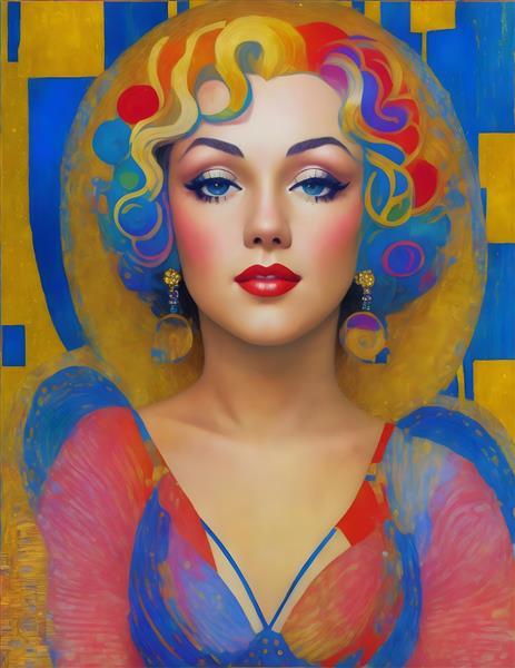تابلو دکوراتیو هنری نقاشی دیجیتال مرلین مونرو در سبک گوستاو کلیمت با تم طلایی