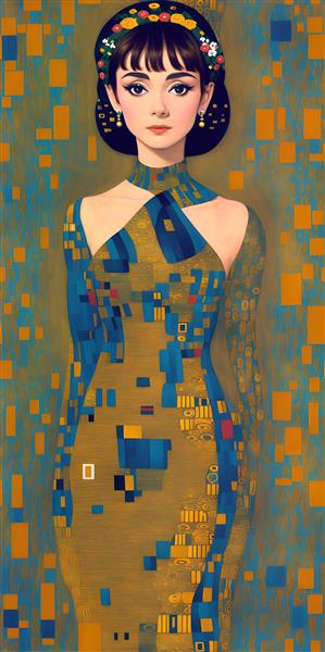 نقاشی دیجیتال آدری هپبورن با رنگ‌های طلایی به سبک گوستاو کلیمت