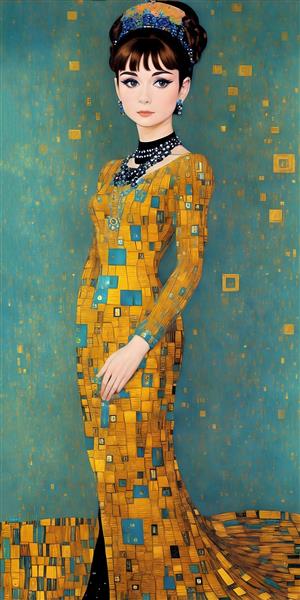 نقاشی دیجیتال آدری هپبورن با لباس طلایی به سبک گوستاو کلیمت