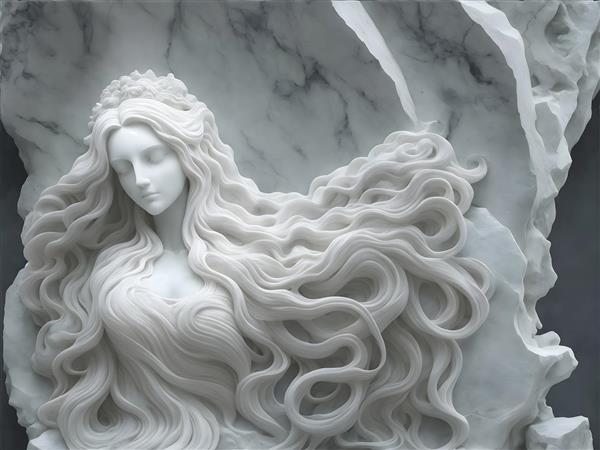 تصویرسازی دیجیتال طرح سه بعدی مجسمه دختر سنگی با موهای بلند