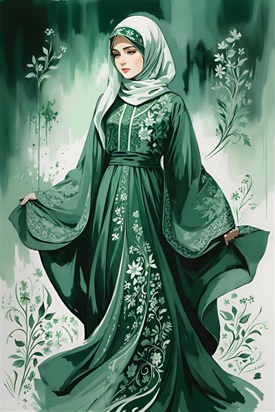 تصویرسازی دیجیتالی از دختر مسلمان در لباس سبز
