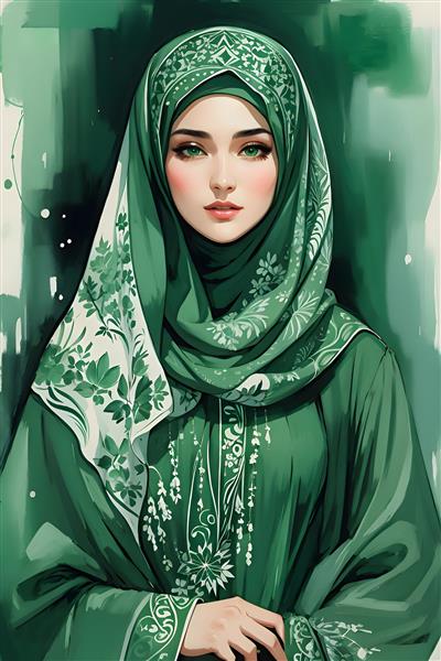 نقاشی دیجیتال آبرنگی از زن محجبه با لباس سبز