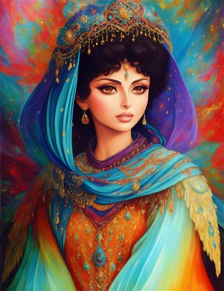 نقاشی دیجیتال دختر ایرانی با شال رنگی و حجاب اکرلیک