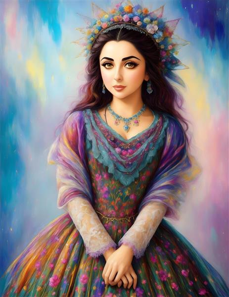 پوستر دیواری هنری نگارگری دختر پارسی با گلهای زیبا