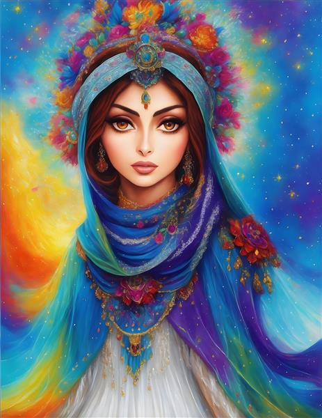 تصویرسازی دیجیتال دوستداشتنی دختر ایرانی با شال رنگارنگ