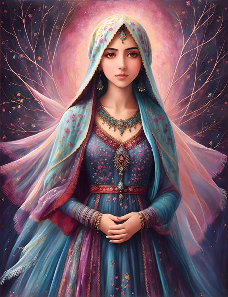 پوستر دیواری رنگی نقاشی دیجیتال دختر پارسی با شال رنگی و حجاب دوستداشتنی