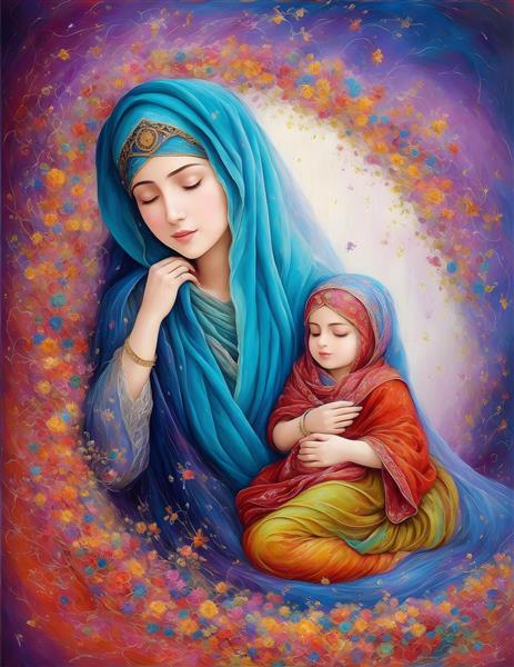 تابلو دکوراتیو مادر و فرزند ایرانی با سبک مینیاتور