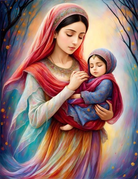 نقاشی دیجیتال مادر و فرزند ایرانی با رنگ روغن