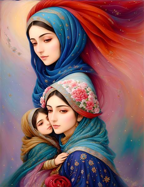 نقاشی دیجیتال مادر و فرزند ایرانی سنتی