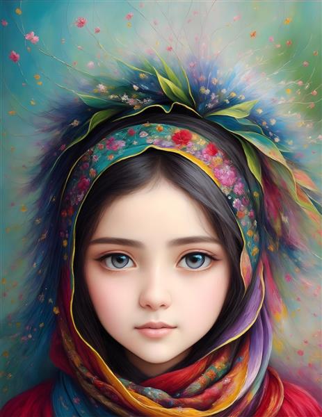 نقاشی دیجیتال مینیاتور ایرانی کودک با شال رنگی