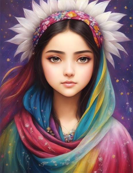 پوستر دیواری نقاشی دختربچه ایرانی با شال رنگی