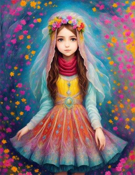 تصویرسازی دیجیتال نگارگری ایرانی دختر کوچک با شال رنگارنگ