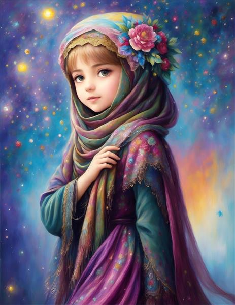 نقاشی دیجیتال مینیاتور ایرانی دختربچه زیبا رنگ روغن