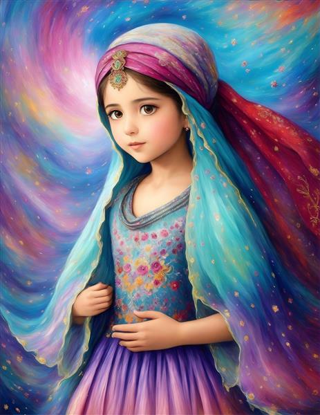 نقاشی دیجیتال مینیاتور ایرانی دختربچه رنگ روغن
