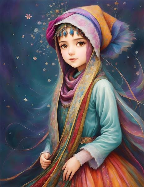 نقاشی دیجیتال مینیاتور زیبا دختر بچه شال رنگی ایرانی