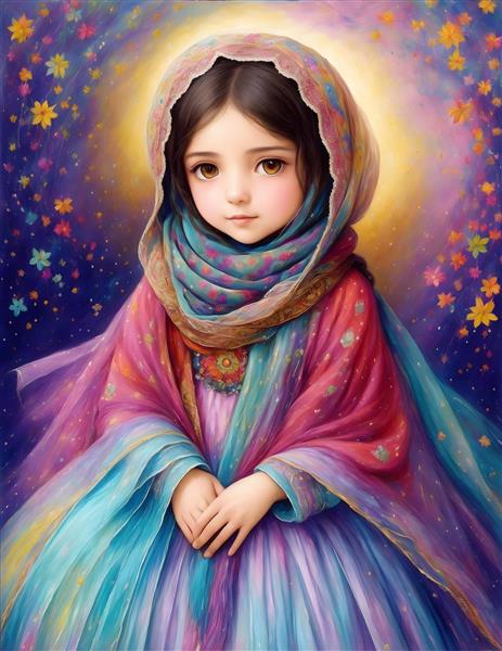 تصویرسازی دیجیتال نگارگری ایرانی دختر کوچک اکرلیک