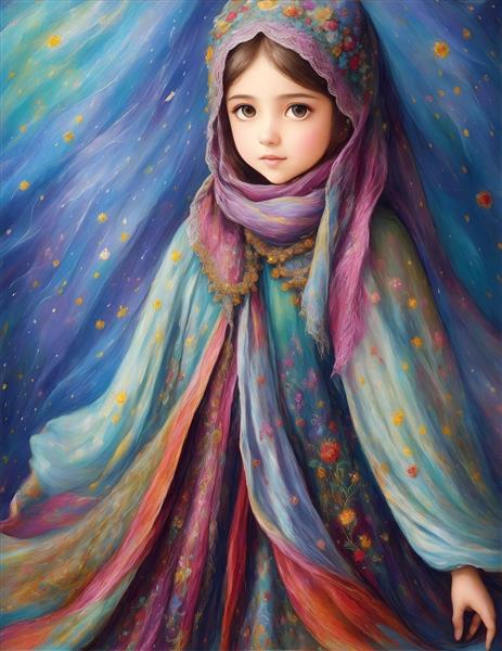 تابلو دکوراتیو دیجیتال مینیاتور دختر کوچک شال رنگی