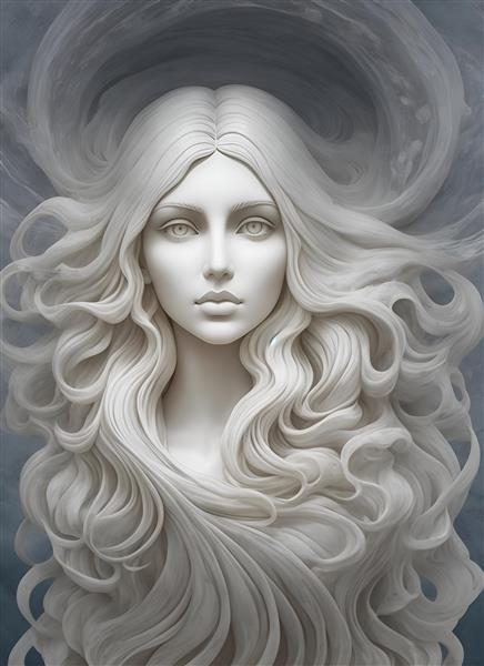 نقاشی دیجیتال طرح برجسته مجسمه الهه با موهای بلند