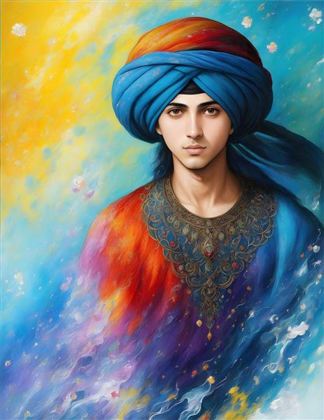 نقاشی دیجیتال زیبای مرد جوان ایرانی با لباس شالدار