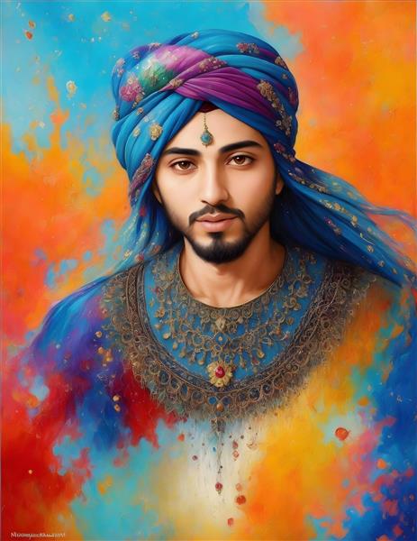 نقاشی دیجیتال زیبا مرد جوان ایرانی با لباس رنگی