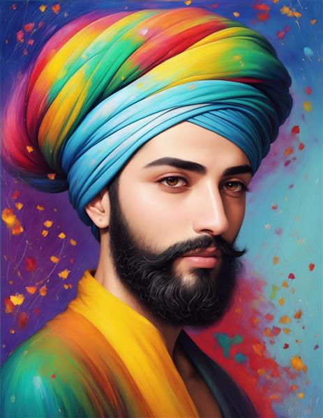 تابلو دکوراتیو نقاشی اکرلیک مرد جوان ایرانی با لباس رنگی و شال توربان