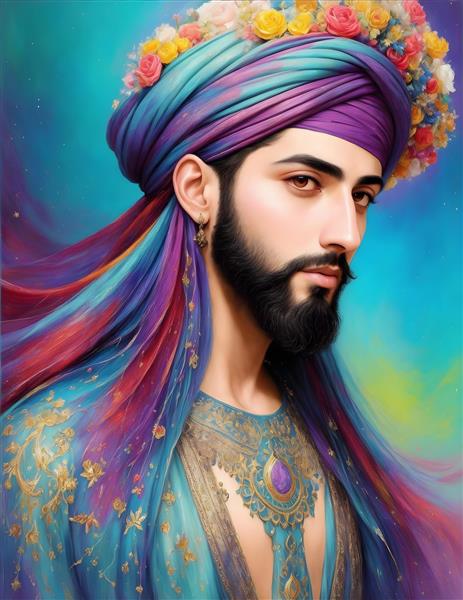 مینیاتور دیجیتال رنگارنگ مرد جوان ایرانی با لباس رنگی و شال توربان