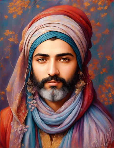 نقاشی دیجیتال مینیاتور زیبا مرد ایرانی با لباس رنگی و شال توربان