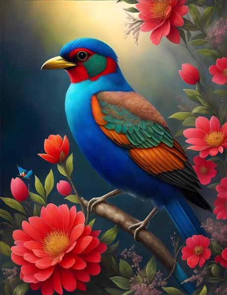تابلو دکوراتیو رنگ روغن پرنده با پرهای رنگی