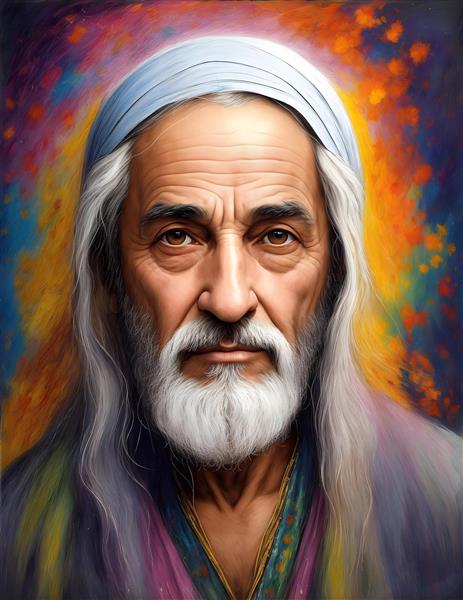 تابلو دکوراتیو نقاشی ایرانی پیرمرد ریش سفید با لباس سنتی رنگی