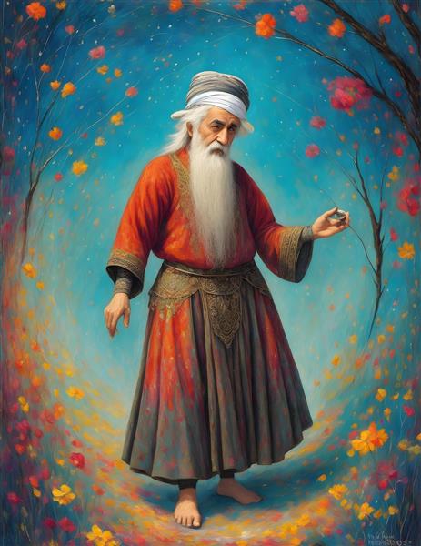 پوستر دیواری هنری ایرانی پیرمرد ریش سفید در لباس رنگی