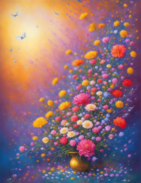 هنری پوستر گلدان گل های رنگ روغن