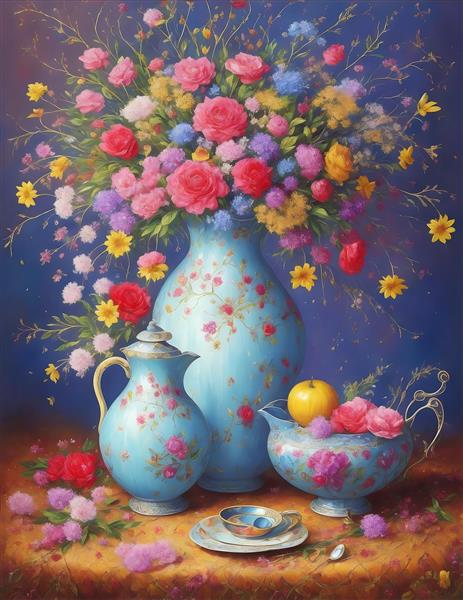 نقاشی دیجیتال گلدان گل های زیبا ایرانی