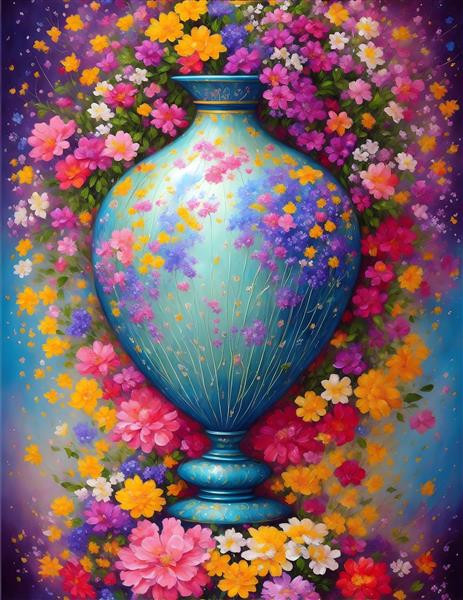 نقاشی دیجیتال گل‌های رنگارنگی از گلدان‌های مینیاتوری ایرانی