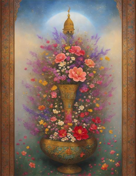 مینیاتور ایرانی گلدان گل های رنگ روغن