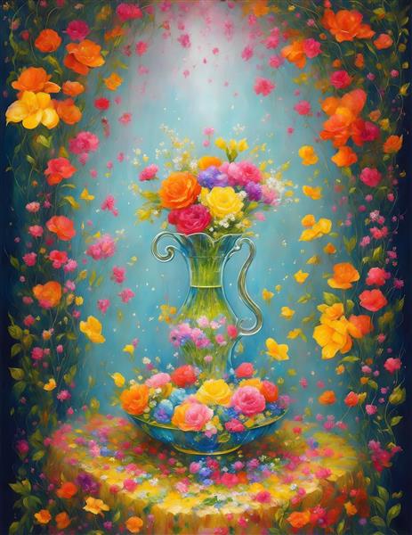 پوستر دیواری هنری گلدان گل های رنگ روغن