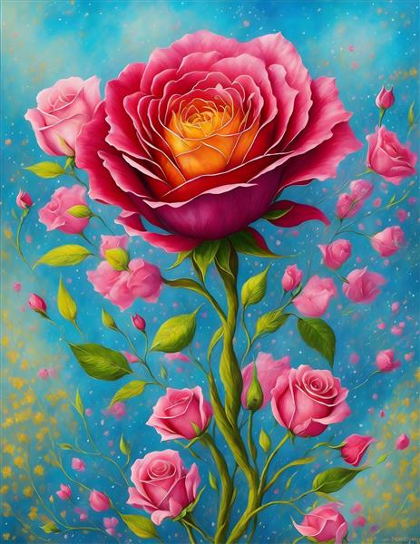 نقاشی دیجیتال گل‌های رنگی مینیاتور در قاب