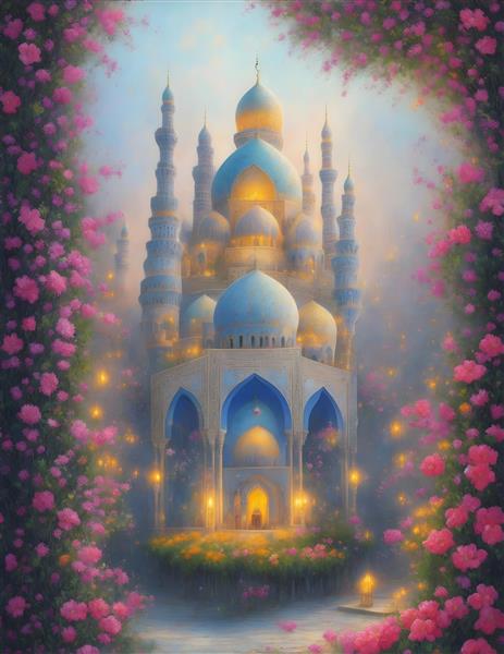 تصویرسازی دیجیتال منظره کاخ و شکوفه رنگی اکرلیک