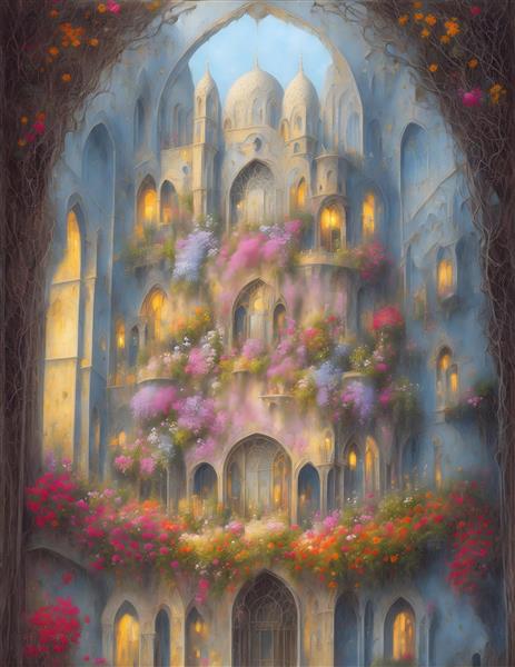 تصویرسازی دیجیتال منظره کاخ و شکوفه رنگی روغنی