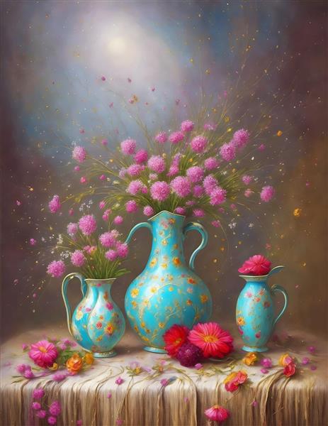 نقاشی رنگ روغن گلدان گل های زیبای ایرانی