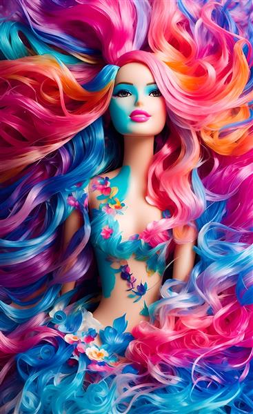 پرتره عروسک فشن باربی زیبا با موهای بلند در نقاشی دیجیتال هنری با رد قلمو رنگی