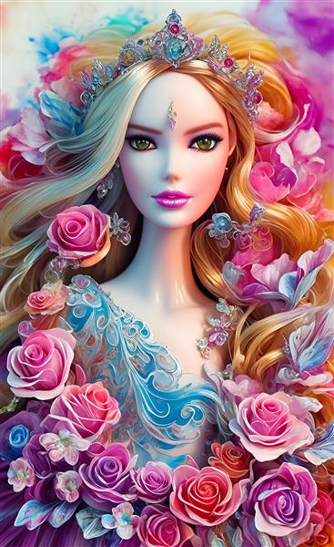 نقاشی دیجیتال پرتره باربی زیبا با موهای بلند و گل